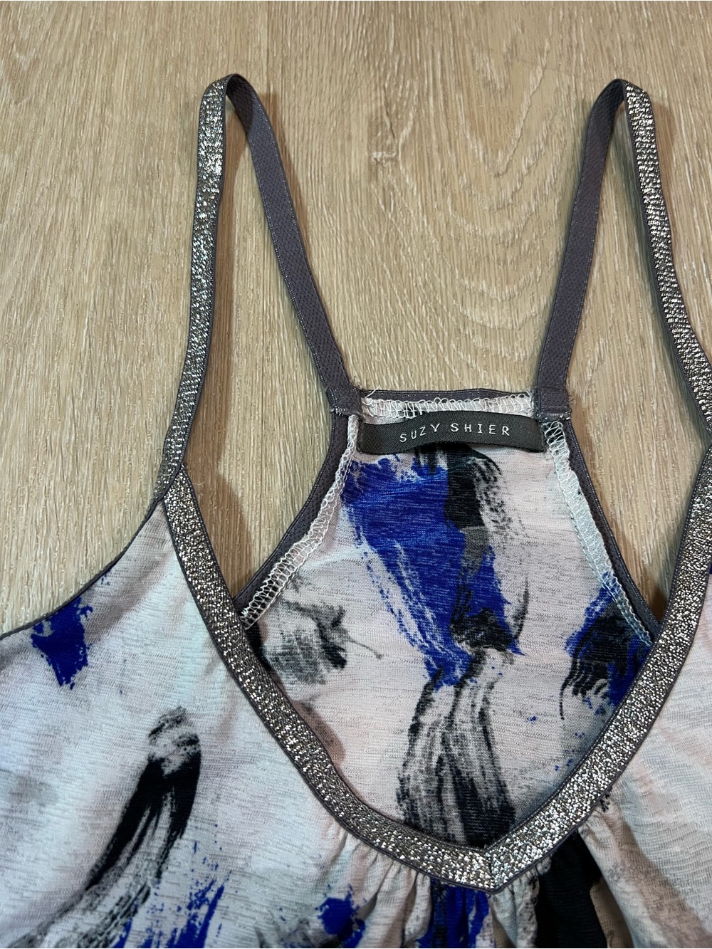 Y2K Suzy Shier Chic Sleeveless Abstract Brushstroke Print Tank Top Shimmer Strap - Picture 2 of 7